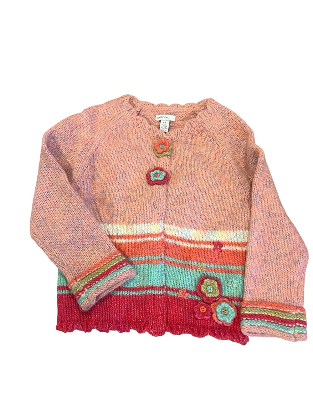 greendog Pink & Teal Striped Knit Cardigan with Flower Buttons